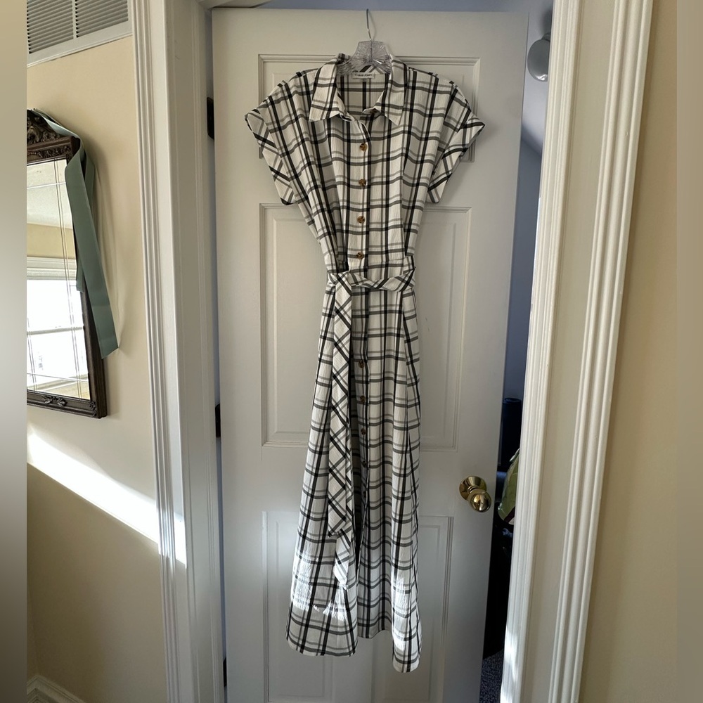 Calvin Klein Windowpane Plaid Button-Front Shirt Dress with Tie Belt